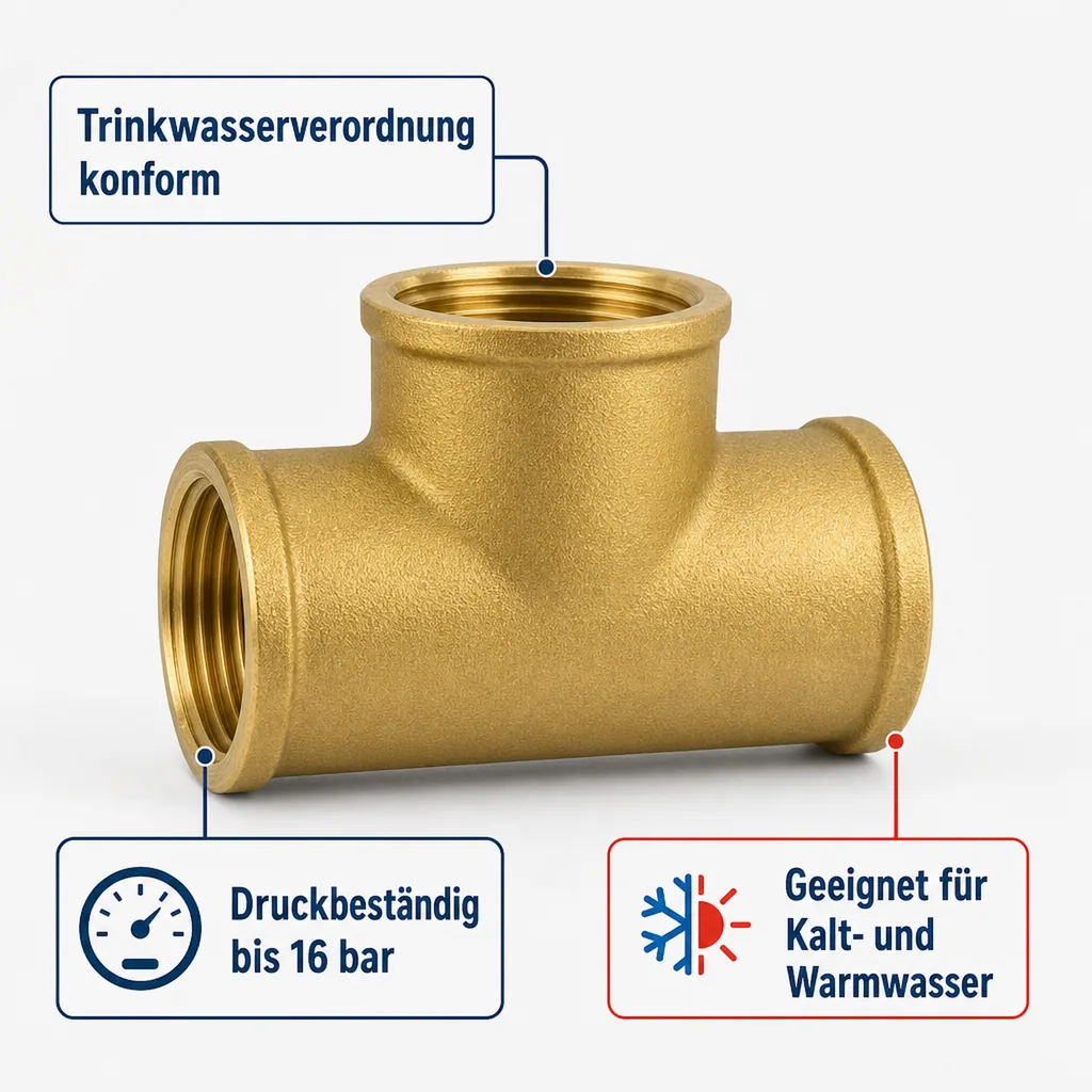 Messing T-Stück reduziert, Gewindefitting Messing, 1 Zoll IG x 3/4 Zoll IG x 1 Zoll IG