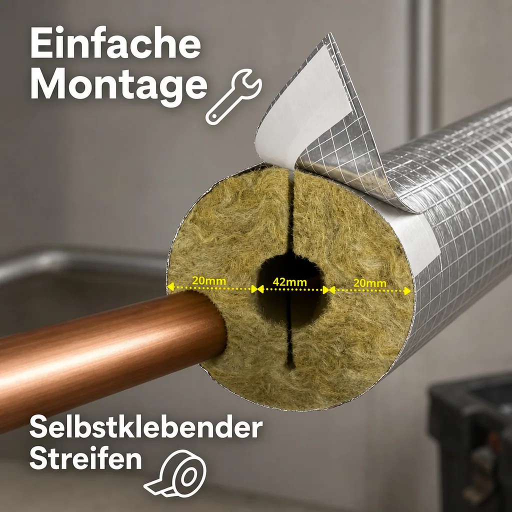 Rohrisolierung, Heizungsrohr Isolierung, Steinwolle, Alu, 42mm, 20mm, 1m