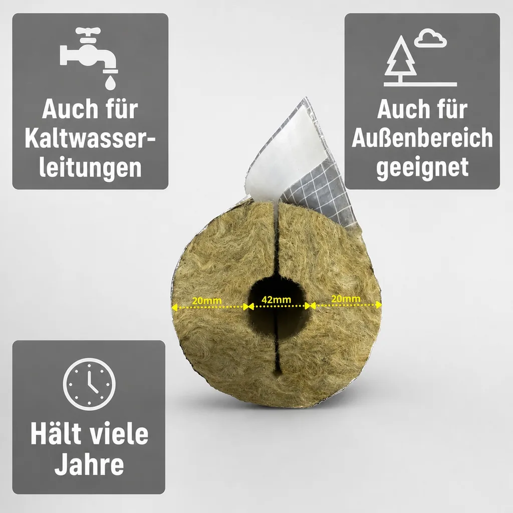 Rohrisolierung, Heizungsrohr Isolierung, Steinwolle, Alu, 42mm, 20mm, 1m