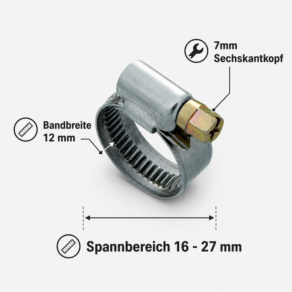 Schlauchschellen, Edelstahl, W2, 12mm, 16-27mm