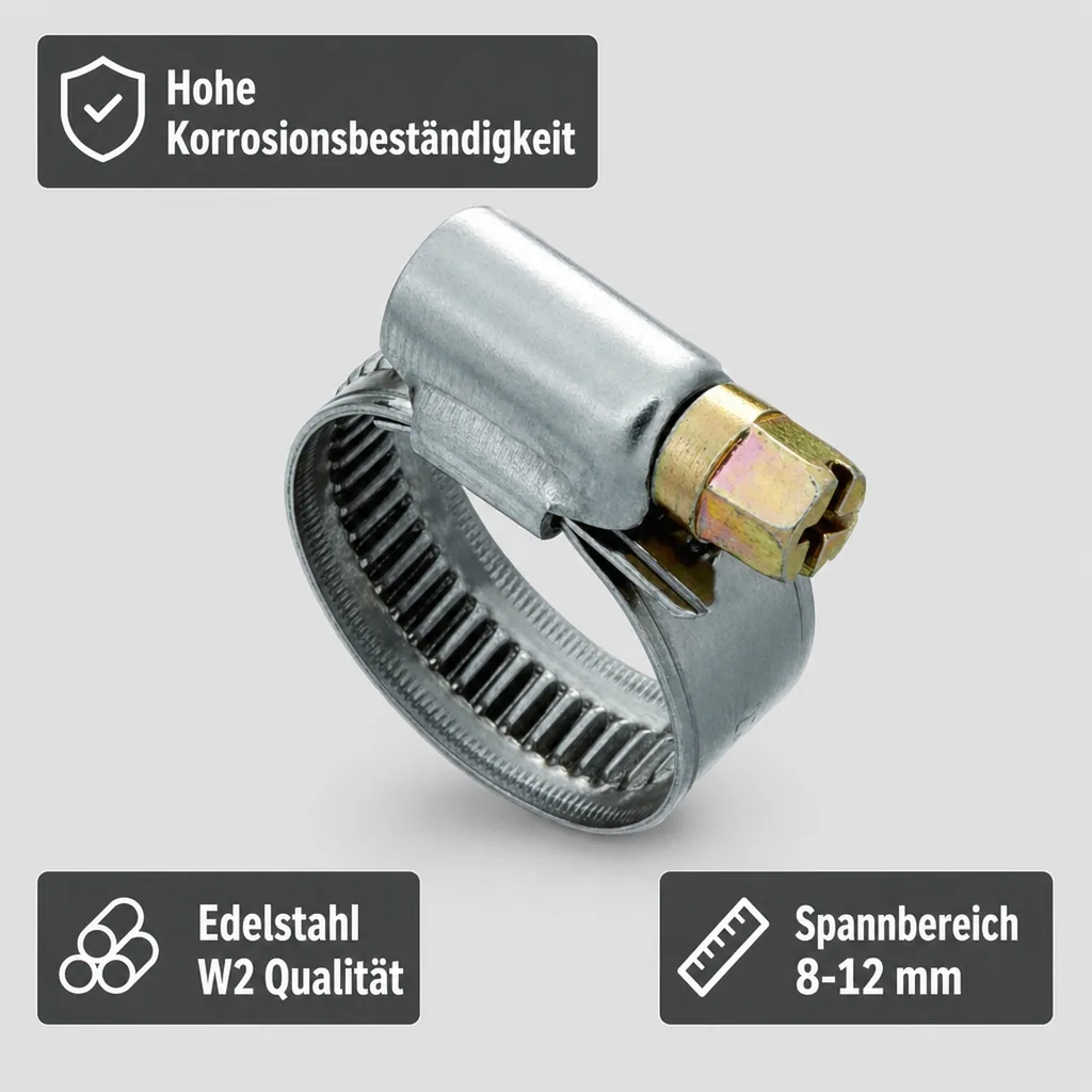 Schlauchschellen, Edelstahl, 9mm, W2, 8-12 mm, korrosionsbeständig