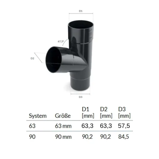 Regenrinne T-Stück Graphit, Fallrohr 63mm, Dachrinne Zubehör
