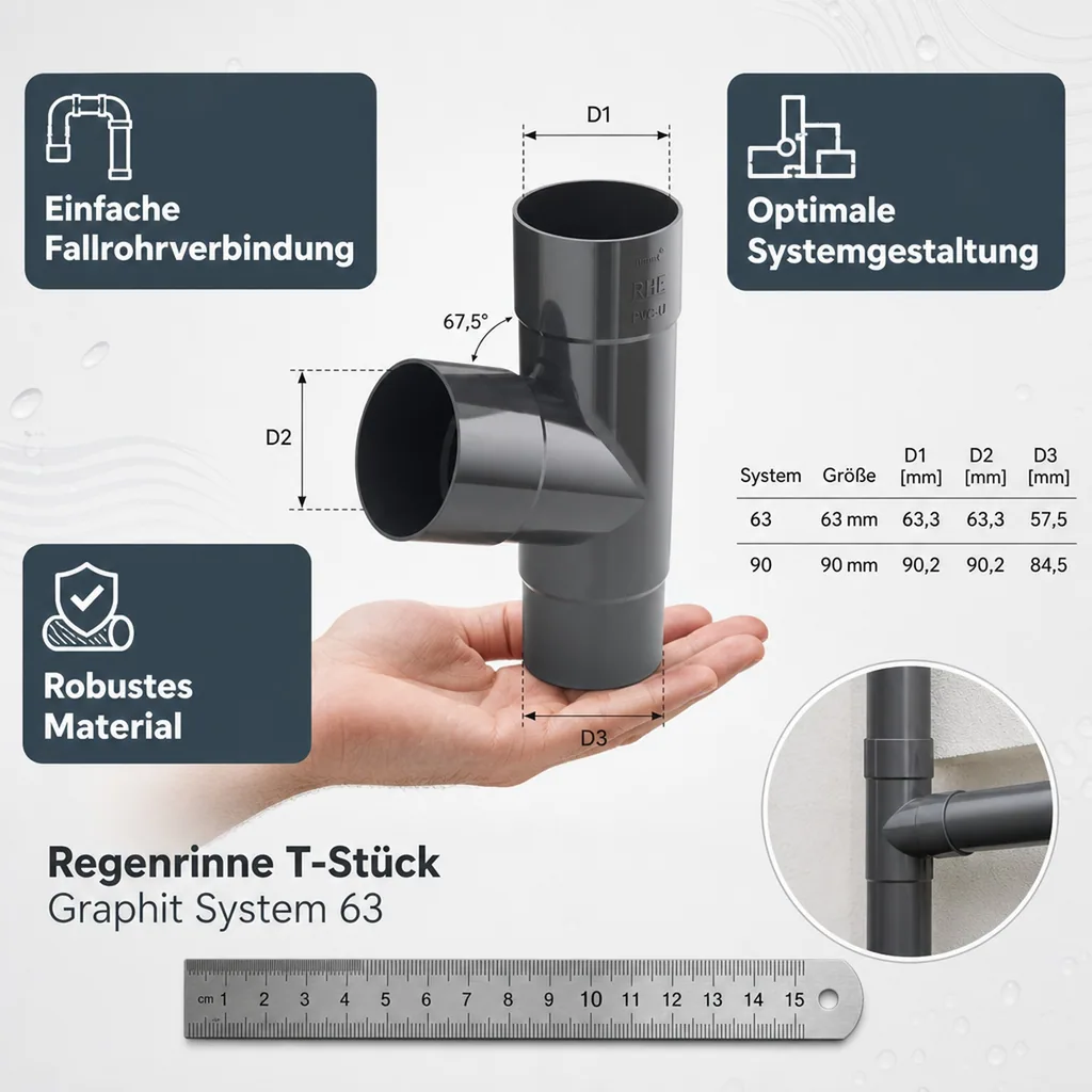 Regenrinne T-Stück Graphit, Fallrohr 63mm, Dachrinne Zubehör
