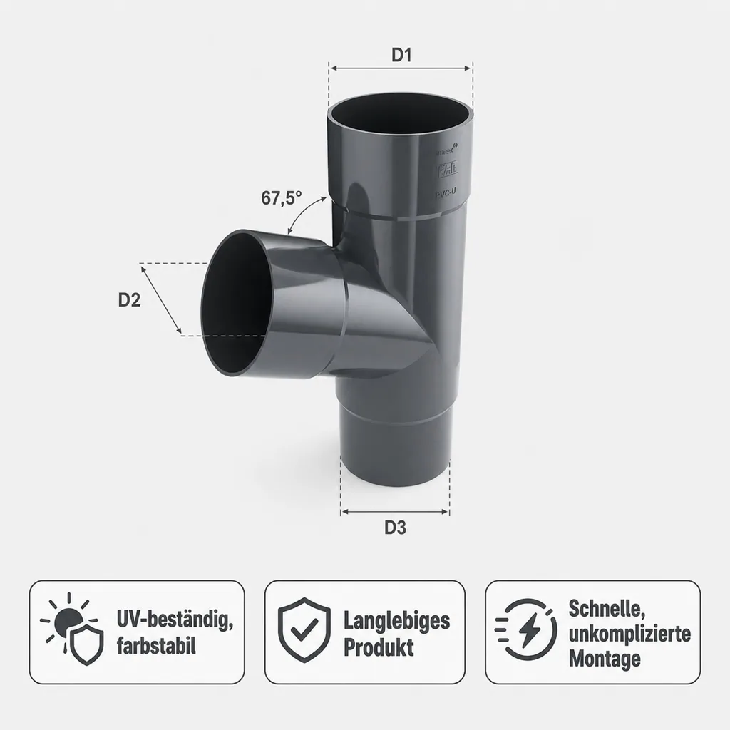 Regenrinne T-Stück Graphit, Fallrohr 63mm, Dachrinne Zubehör