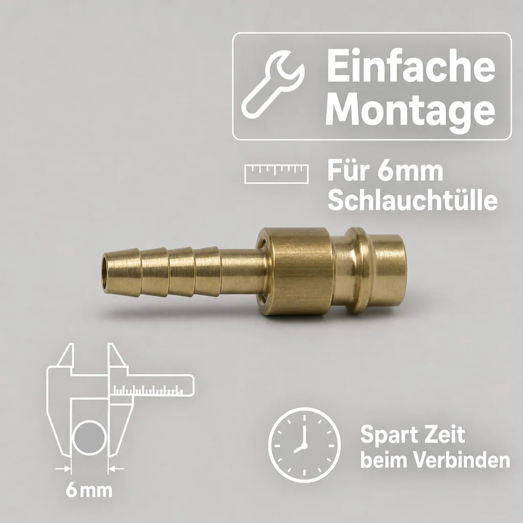Druckluftkupplung, Druckluft Stecker, 6mm Schlauchtülle, Messing Kupplung