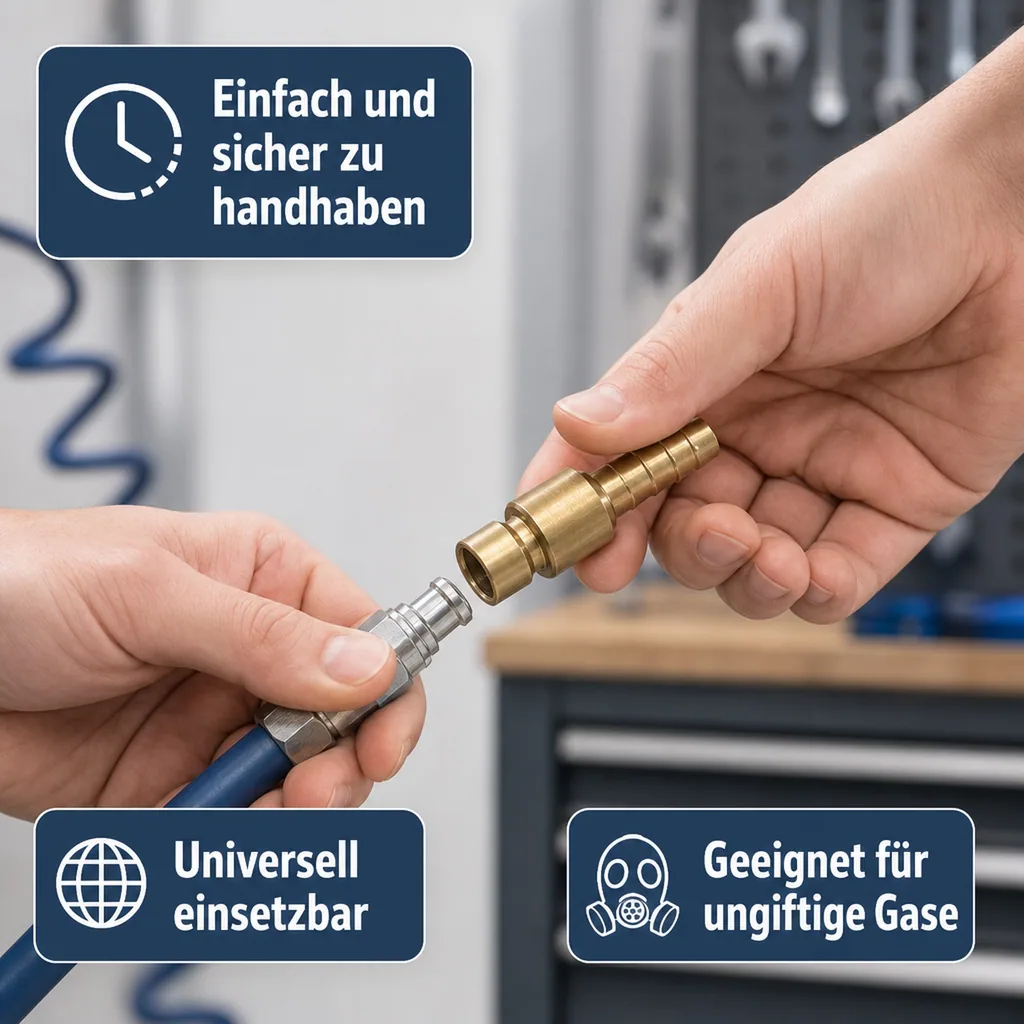 Druckluftkupplung, Druckluft Stecker, 6mm Schlauchtülle, Messing Kupplung