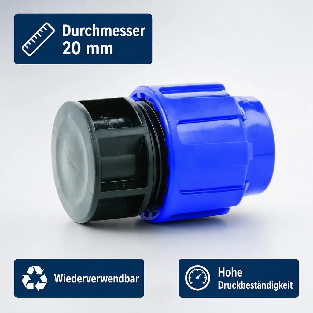 PE Rohr Verschraubung, Endkappe 20mm, Trinkwasser, Klemmverbinder