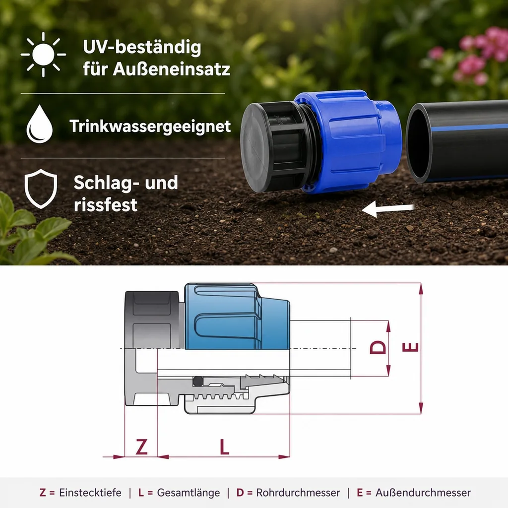 PE Rohr Verschraubung, Endkappe 20mm, Trinkwasser, Klemmverbinder