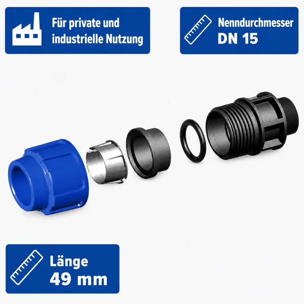 PE Rohr Verschraubung, Endkappe 20mm, Trinkwasser, Klemmverbinder