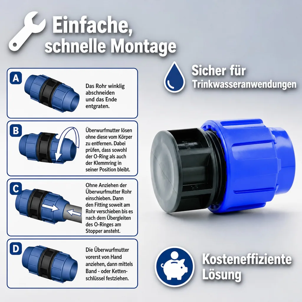 PE Rohr Verschraubung, Endkappe 25mm, Klemmfitting, Trinkwasser, PP/PE