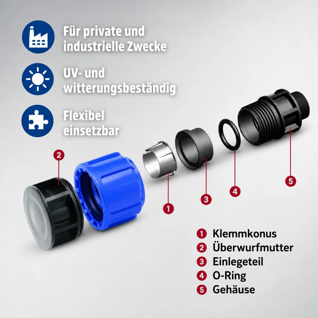 PE Rohr Verschraubung, Endkappe 25mm, Klemmfitting, Trinkwasser, PP/PE