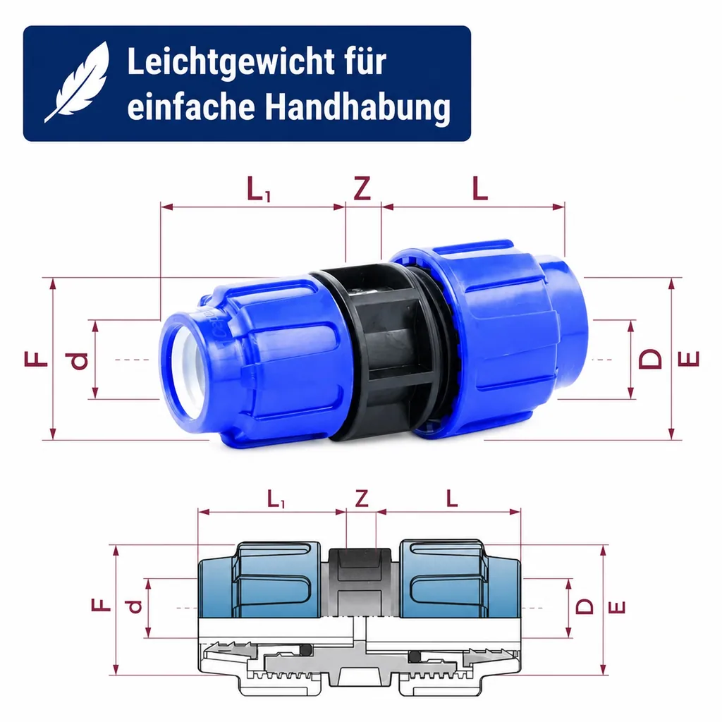 PE Rohr Verschraubung 40x25, Reduzierkupplung, Klemmverbinder
