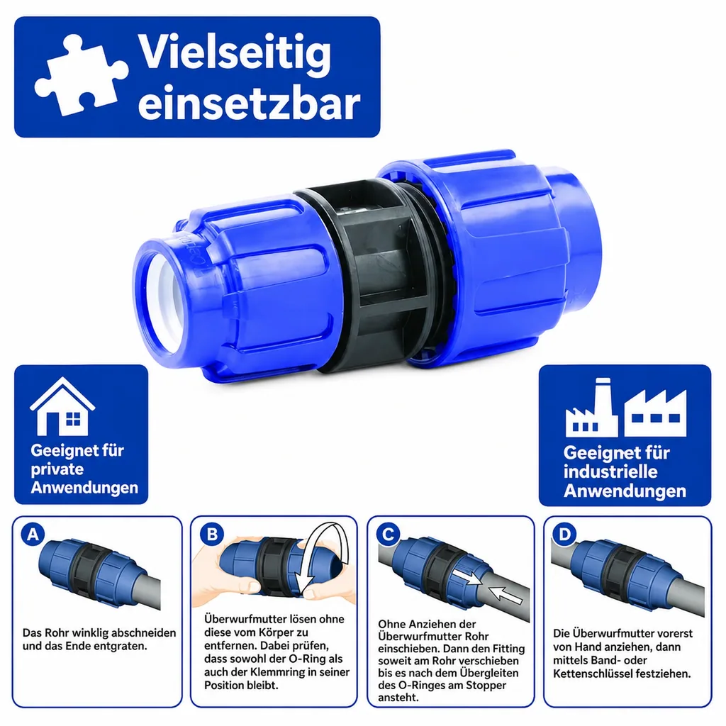 PE Rohr Verschraubung 40x25, Reduzierkupplung, Klemmverbinder