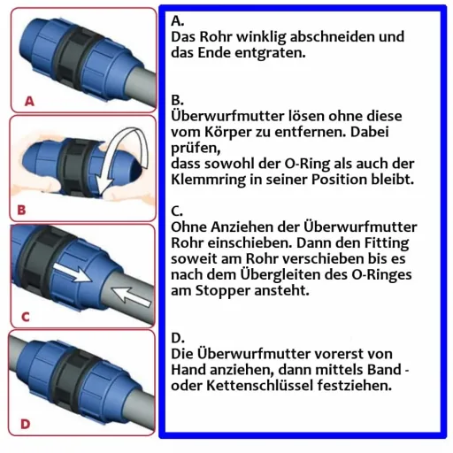 PE Rohr Verschraubung, T-Stück reduziert 32x25x32, Klemmfitting, Trinkwasser