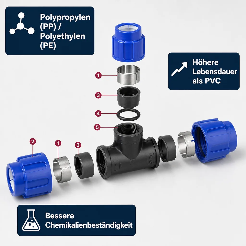 PE Rohr Verschraubung, T-Stück reduziert 32x25x32, Klemmfitting, Trinkwasser