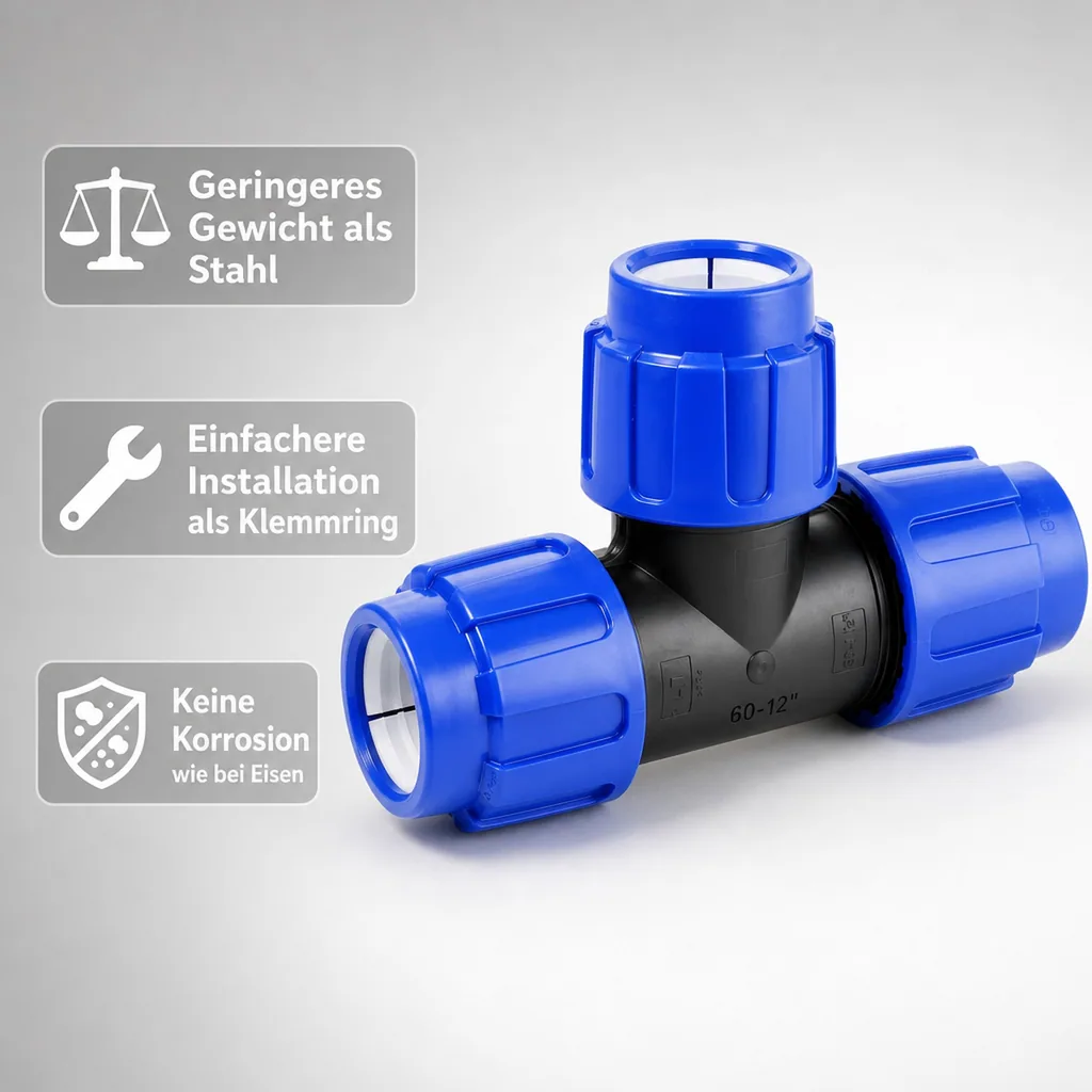 PE Rohr Verschraubung, T-Stück reduziert 32x25x32, Klemmfitting, Trinkwasser