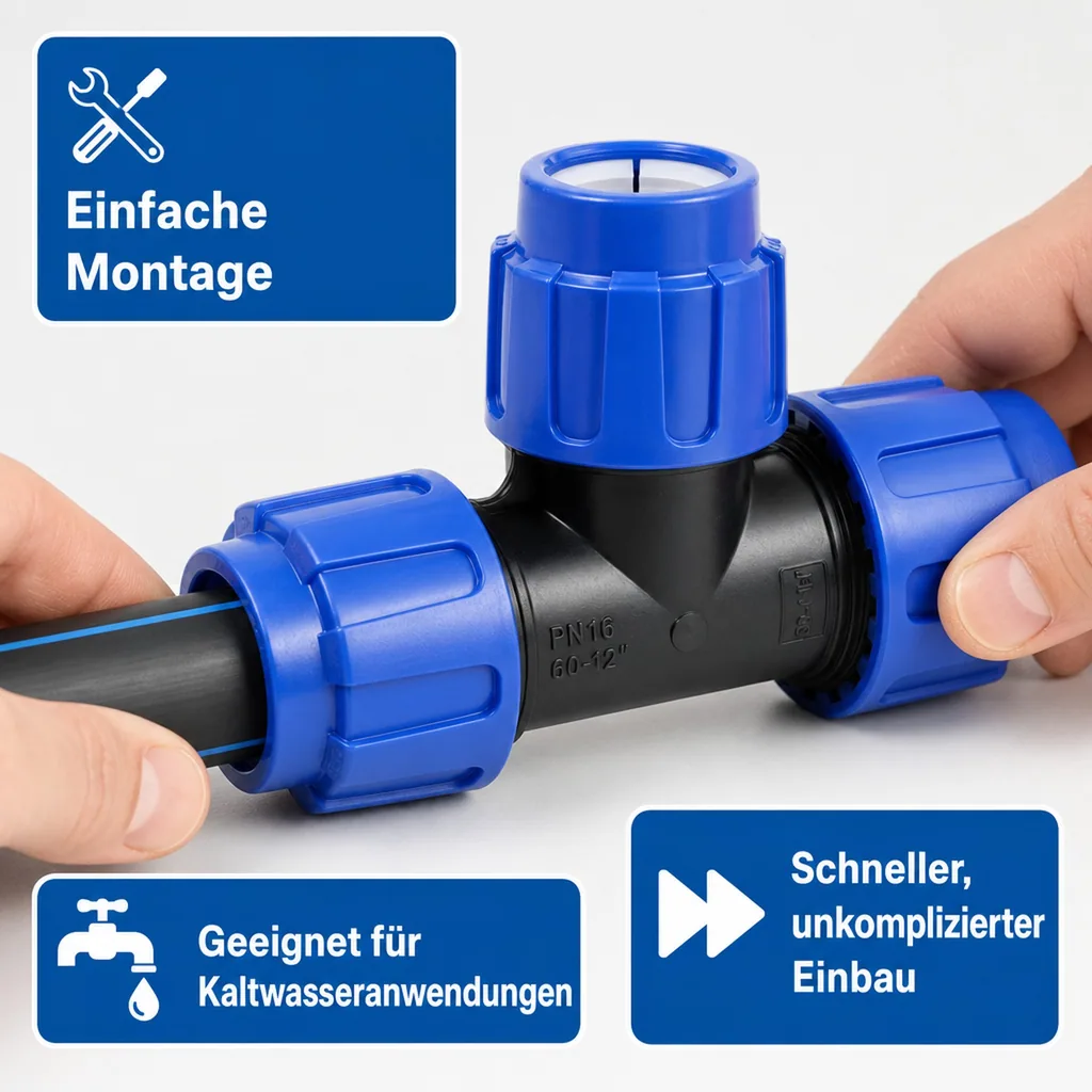 PE Rohr Verschraubung, T-Stück reduziert 40x32x40, Klemmverbinder Rohr