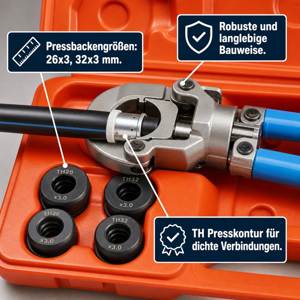 Handpresszange TH Profil, Verbundrohr Presszange, 16x2, 20x2, 26x3, 32x3