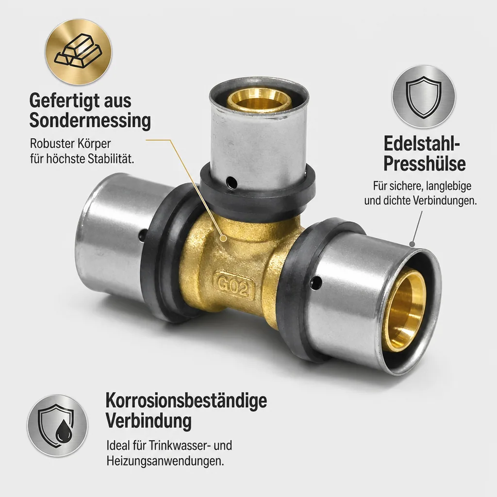 Pressfitting T-Stück, reduziert 32mm, Kupfer Pressfitting, Made in Germany