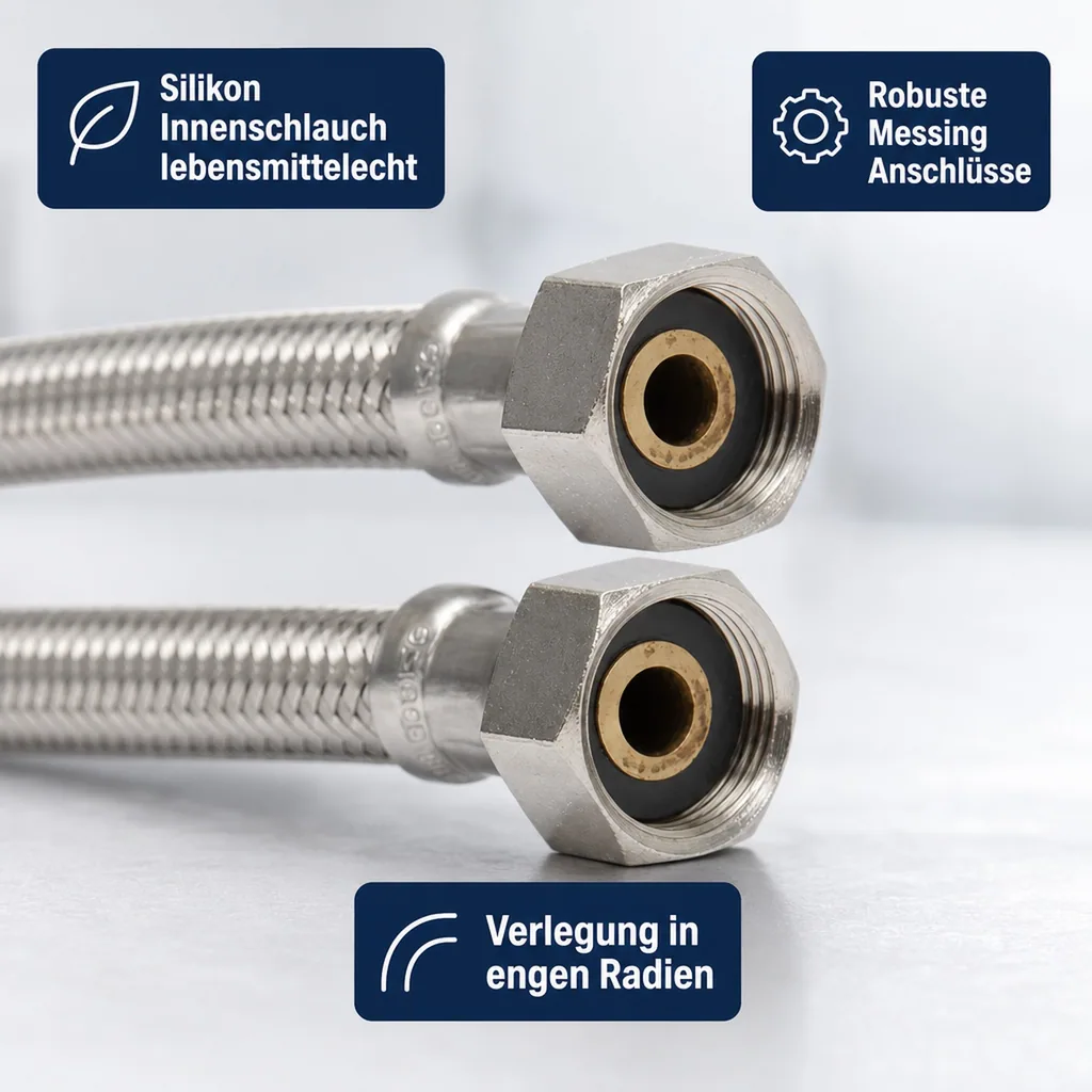 Panzerschlauch DVGW, Edelstahl, Flexibel, 1/2 Zoll, 3/4 Zoll, Sanitär