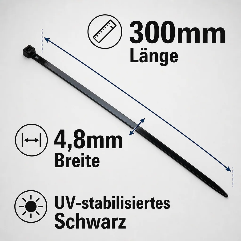 100 Kabelbinder 300x4,8mm schwarz (UV-stabilisiert) PA6.6