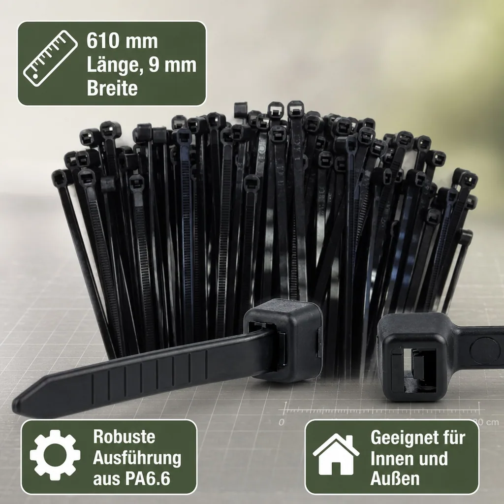 Kabelbinder schwarz, 100 Stück, 610x9mm, UV-beständig