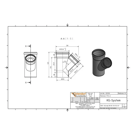 KG Rohr Abzweig DN 200/160, 45 Grad, Kanalrohr