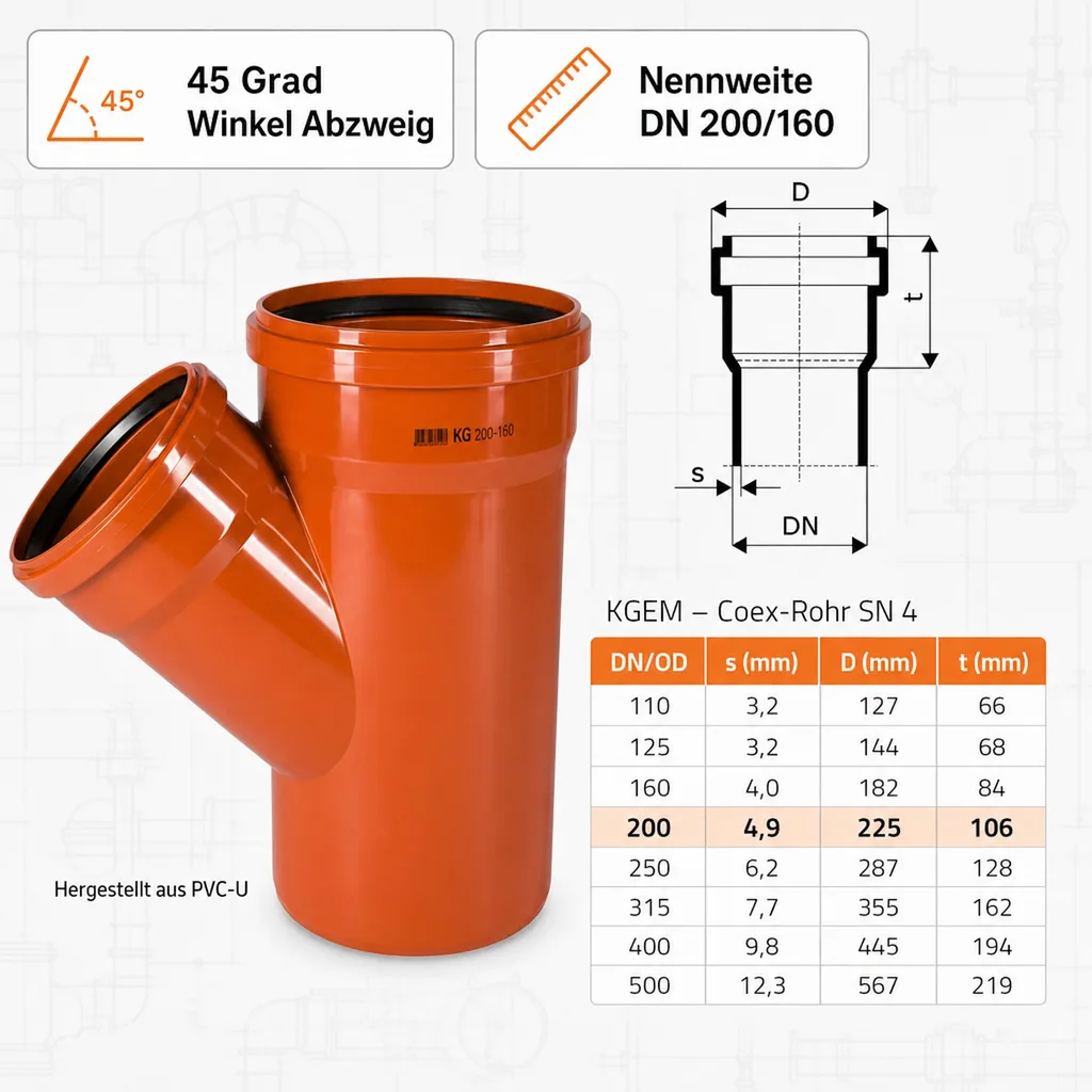 KG Rohr Abzweig DN 200/160, 45 Grad, Kanalrohr