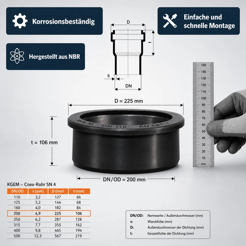 Dichtung Abwasserrohr, Anschlussdichtung BA-M DN200 NBR, KG-Rohr Dichtung