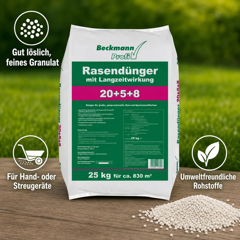 25 kg Rasendünger mit Langzeitwirkung 20+5+8 Beckmann f.ca. 830m²