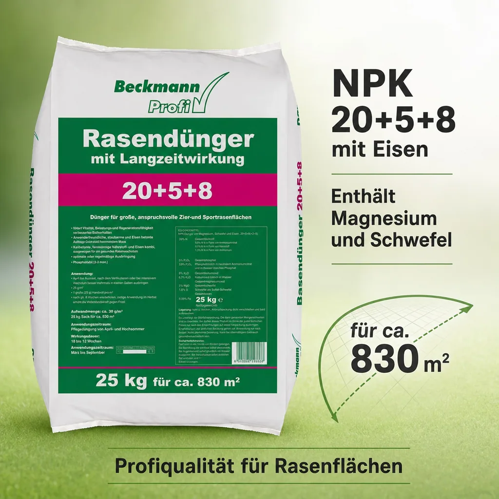 25 kg Rasendünger mit Langzeitwirkung 20+5+8 Beckmann f.ca. 830m²
