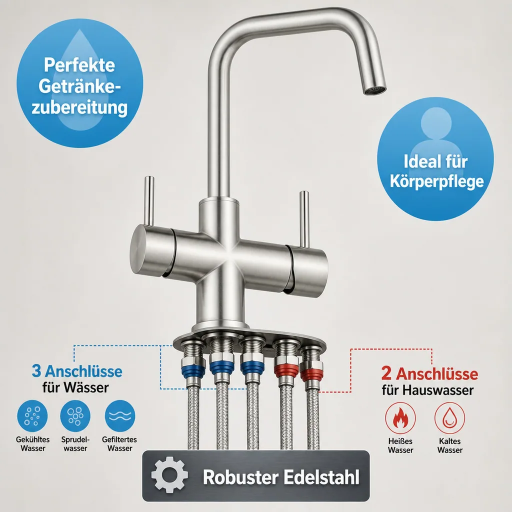 Wasserhahn, Mischbatterie, Wasserarmatur, Küchenarmatur - INOX LONG, 5-leitig