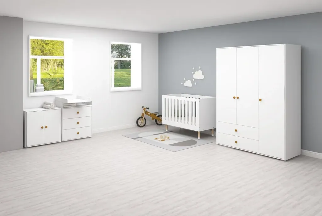 Flexa Kleiderschrank - Roomie, 3 Türen + 2 Schubladen, Farbe: Weiß/Senf