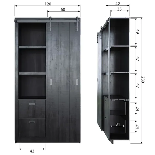 Woood Schiebetür Schrank sägerau schwarz