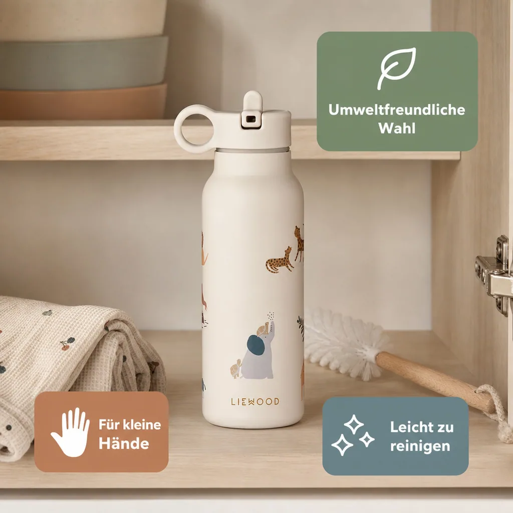 Liewood Kinder Wasserflasche, Trinkflasche Falk 350 ml - Recycelter Edelstahl, Isoliert, Auslaufsicher, Farbe: Alle zusammen / Sandfarben