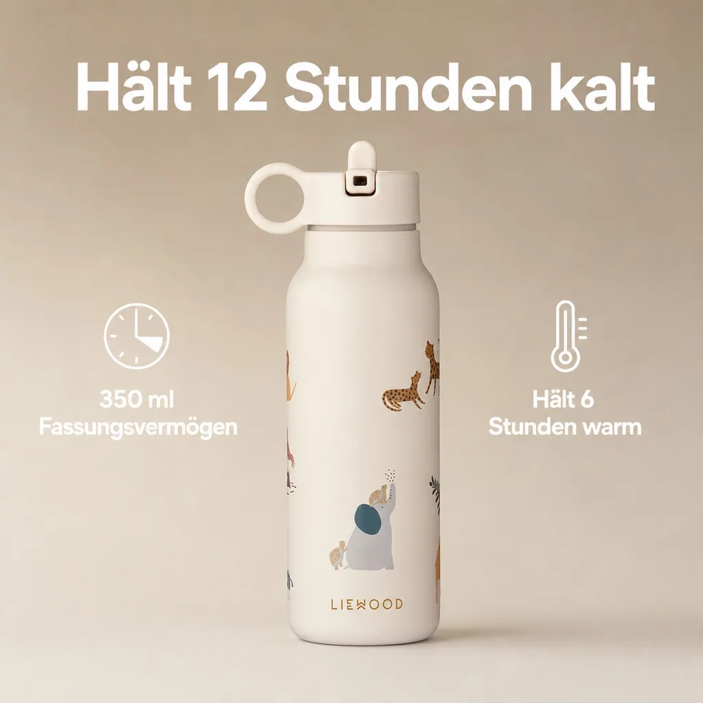 Liewood Kinder Wasserflasche, Trinkflasche Falk 350 ml - Recycelter Edelstahl, Isoliert, Auslaufsicher, Farbe: Alle zusammen / Sandfarben