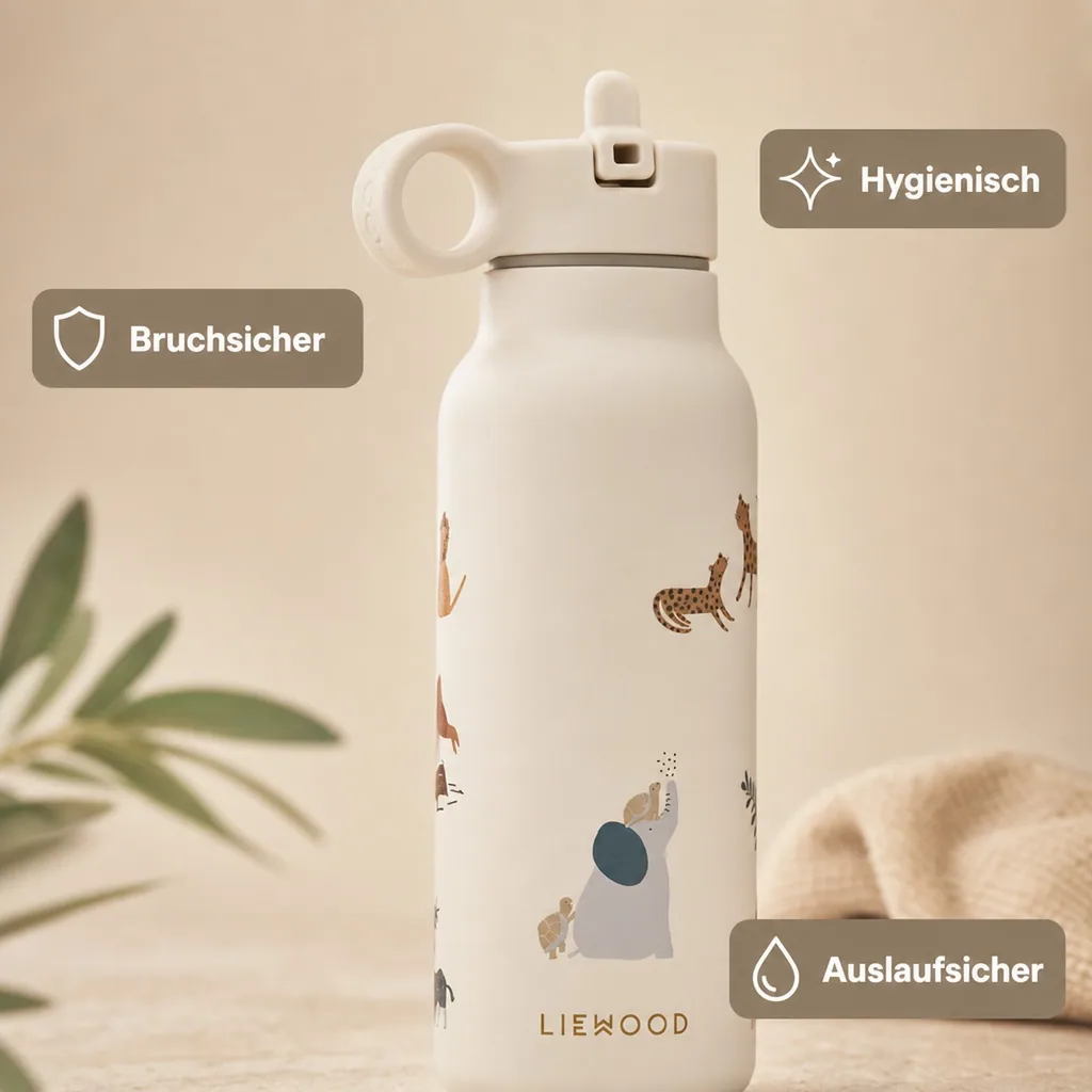 Liewood Kinder Wasserflasche, Trinkflasche Falk 350 ml - Recycelter Edelstahl, Isoliert, Auslaufsicher, Farbe: Alle zusammen / Sandfarben