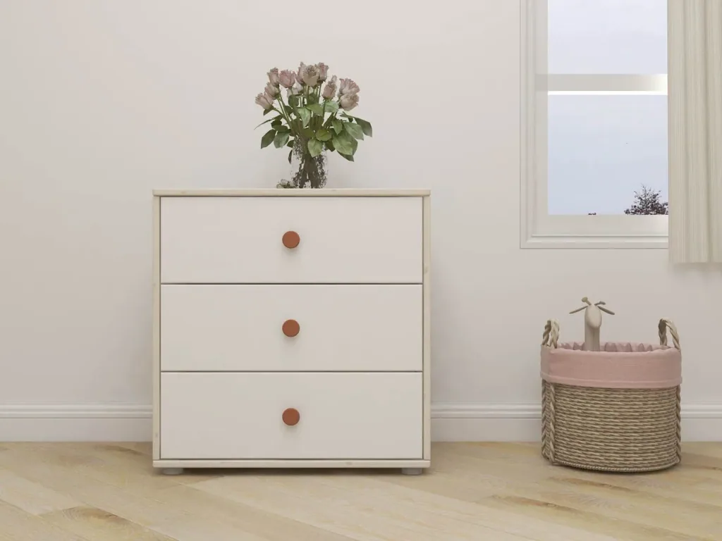 Flexa Kommode - Classic, mit 3 Schublade, 72x74,5 cm, Farbe: Weiß gekalkt / Weiß / Rouge