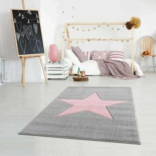 Livone Kinderteppich Stern rosa auf grau, Teppichgrösse: 120 x 180 cm