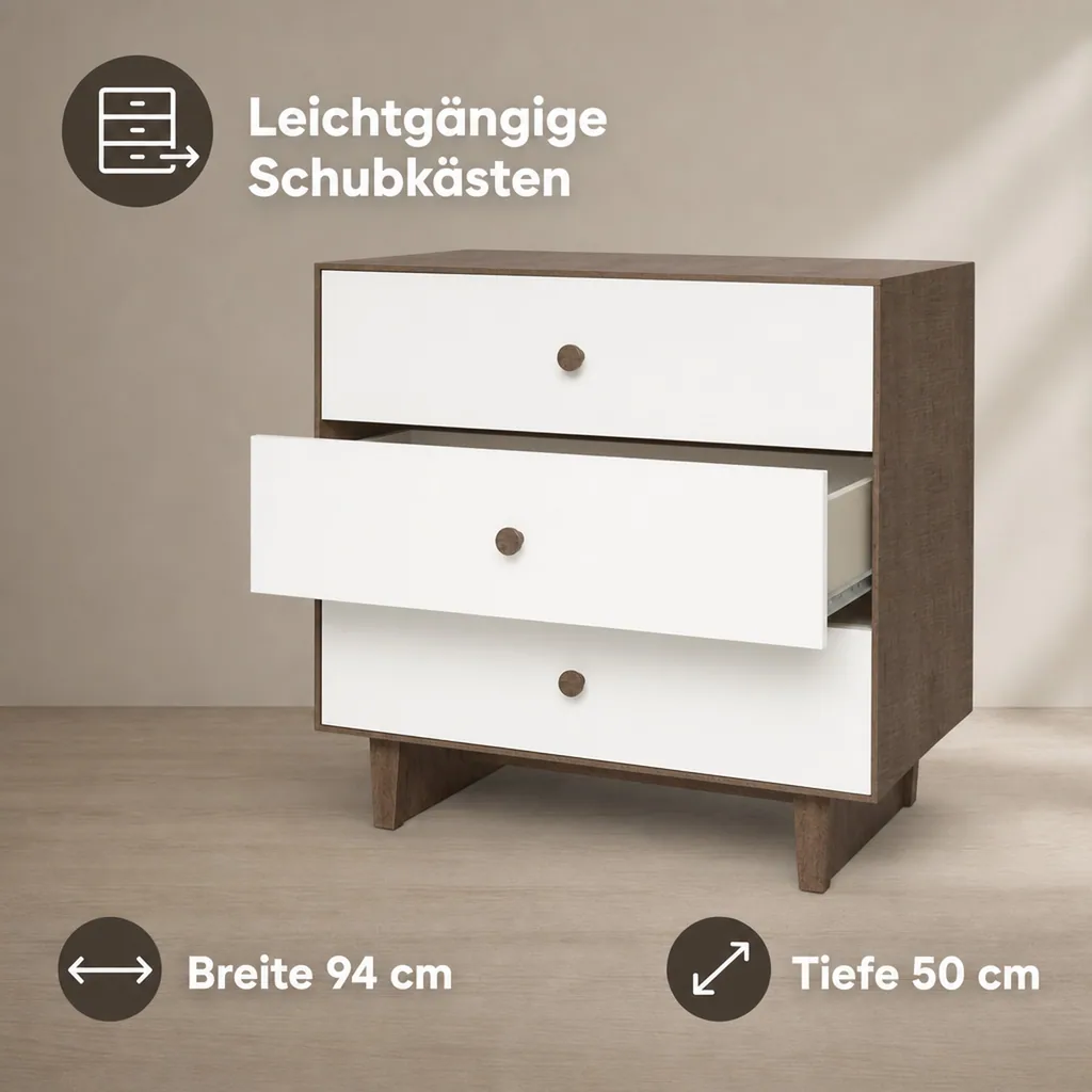 Oeuf Kommode Merlin 3 Schubkästen weiß/Walnuss Füße Rhea, Farbe Füsse: Walnuss
