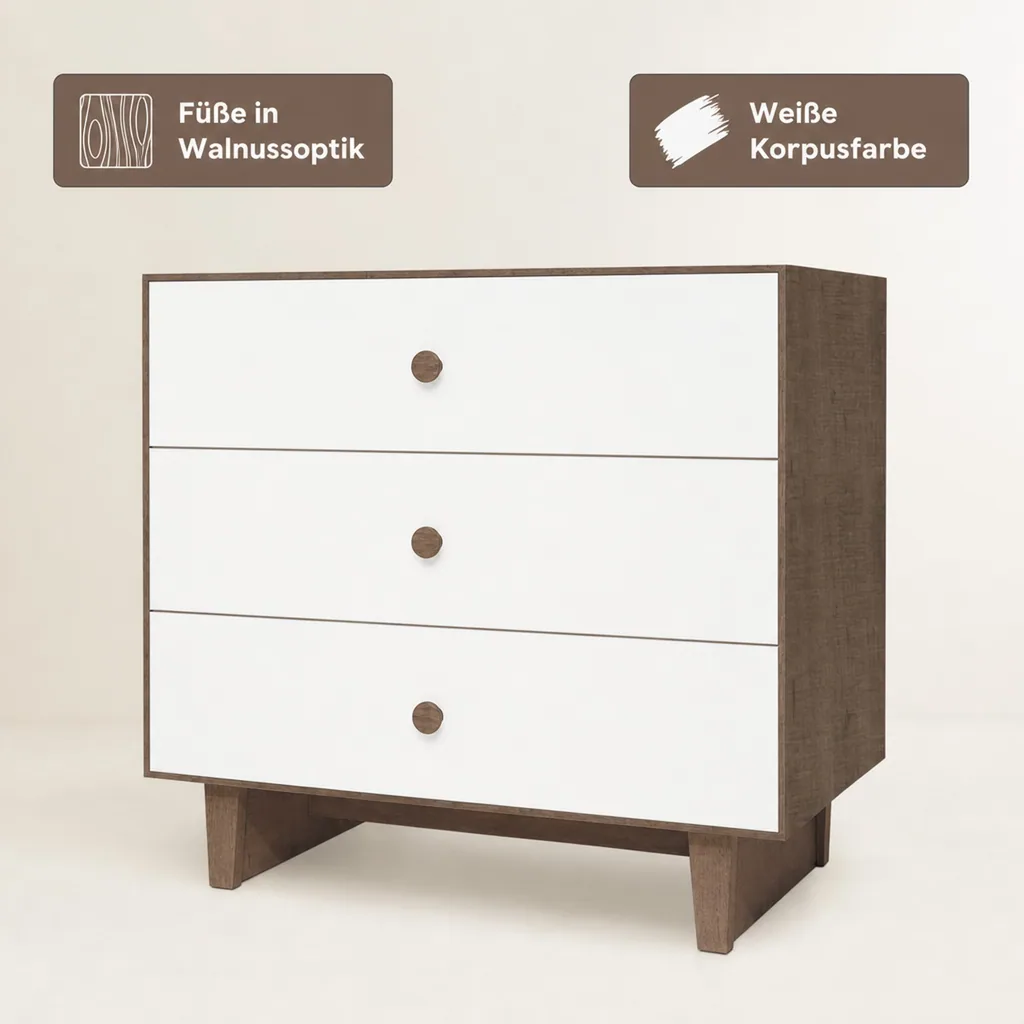 Oeuf Kommode Merlin 3 Schubkästen weiß/Walnuss Füße Rhea, Farbe Füsse: Walnuss