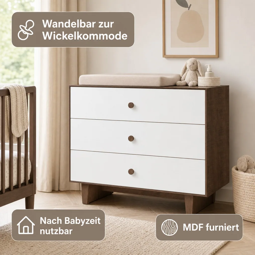 Oeuf Kommode Merlin 3 Schubkästen weiß/Walnuss Füße Rhea, Farbe Füsse: Walnuss