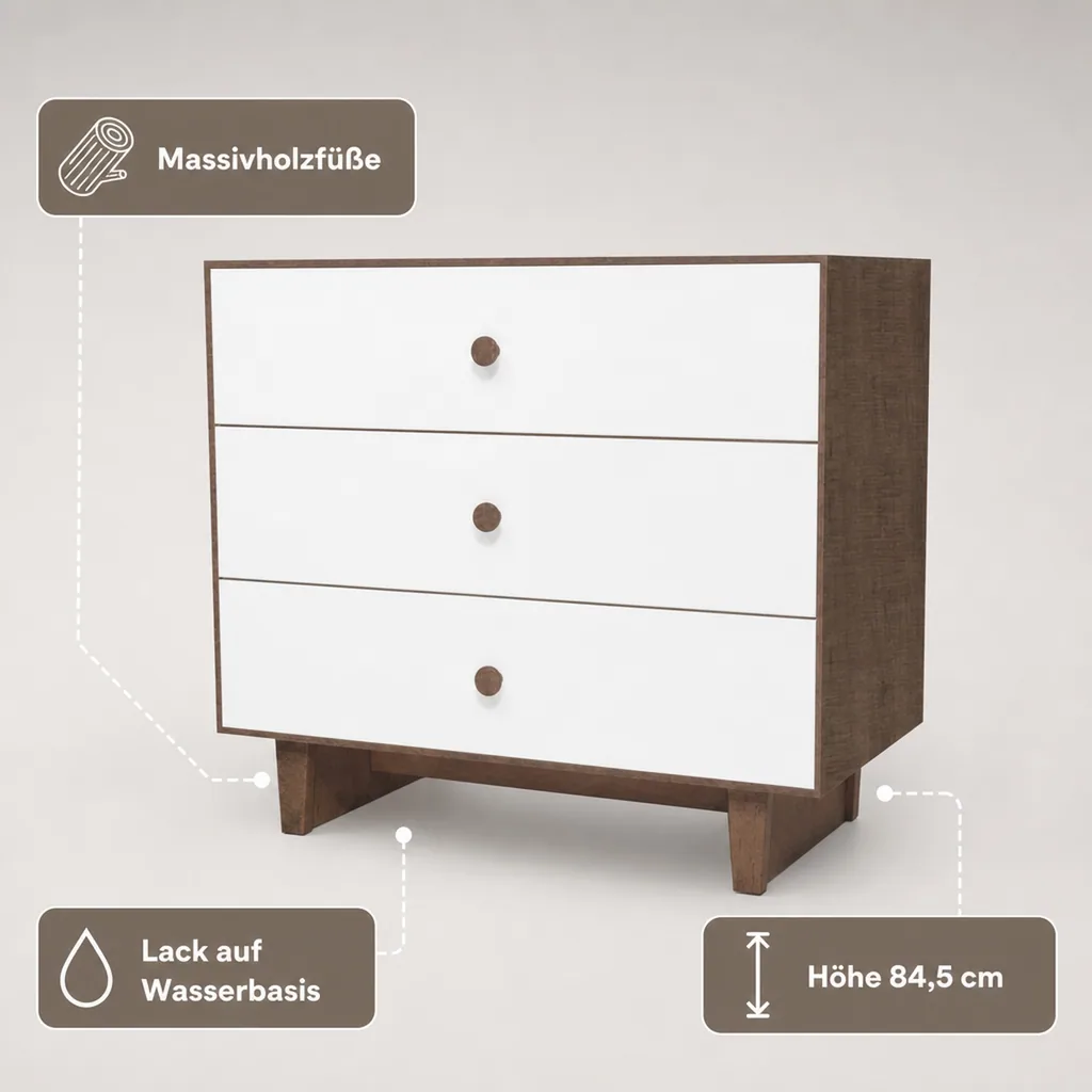 Oeuf Kommode Merlin 3 Schubkästen weiß/Walnuss Füße Rhea, Farbe Füsse: Walnuss