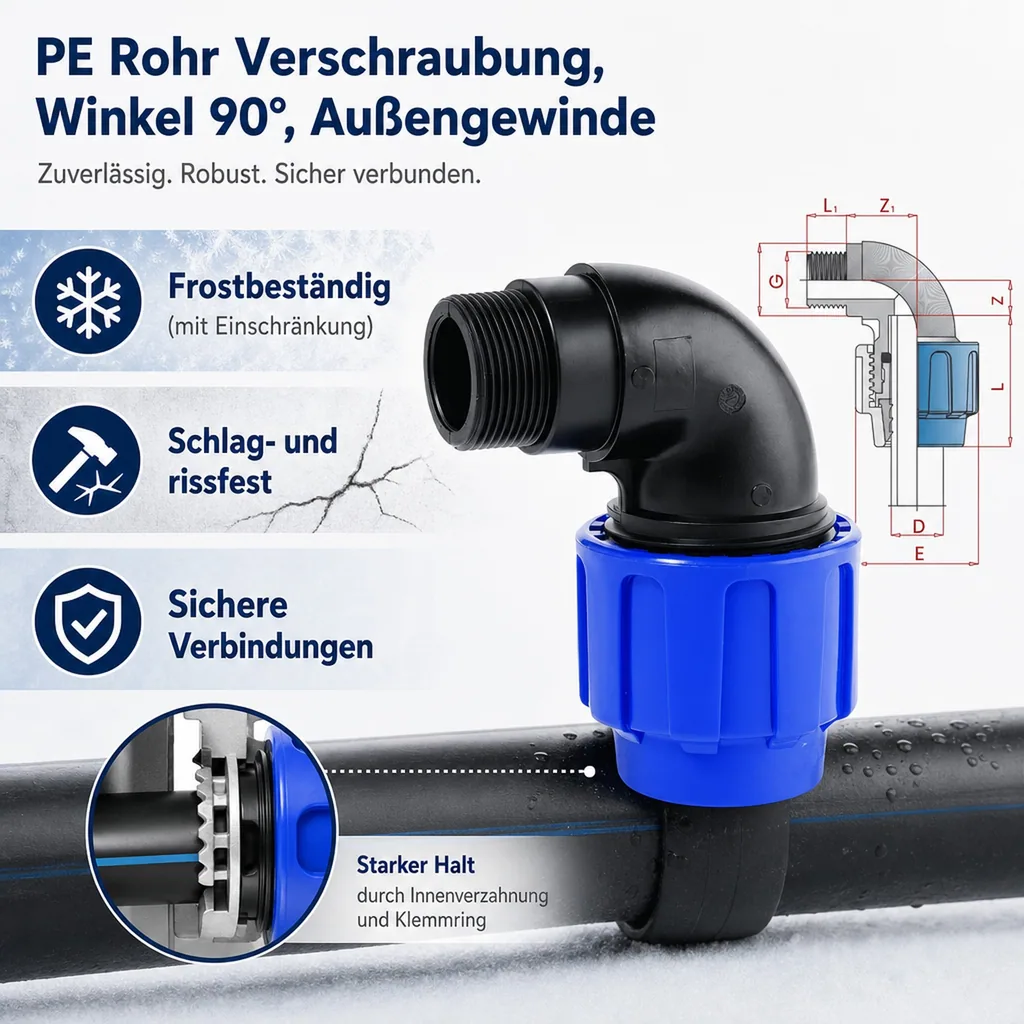 PE Rohr Verschraubung, Winkel 90°, 40mm Klemmverschraubung, Trinkwasser geeignet