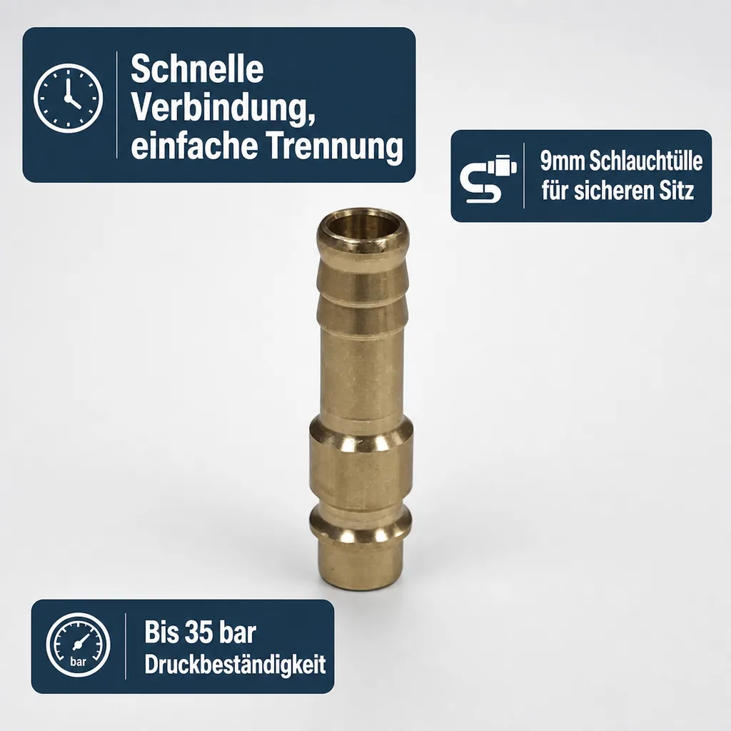 Druckluftkupplung, 9mm Schlauchtülle, Messing, Schnellkupplung