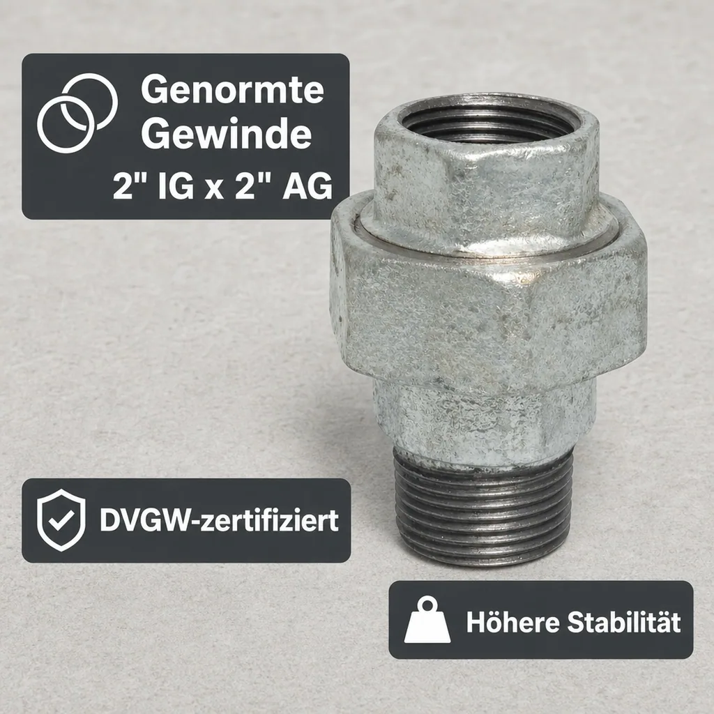 Gewindefitting Tempergussfitting, Verschraubung Typ Flach 2" IG x 2" AG