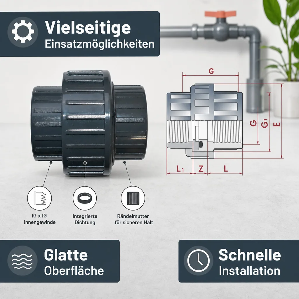 PVC Verschraubung 1 1/2 Zoll, IG x IG