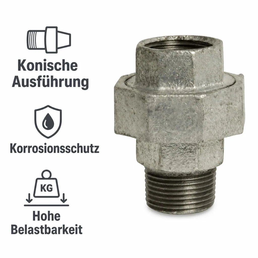 Verschraubung Temperguss, konische Ausführung, 2 Zoll IG x 2 Zoll AG