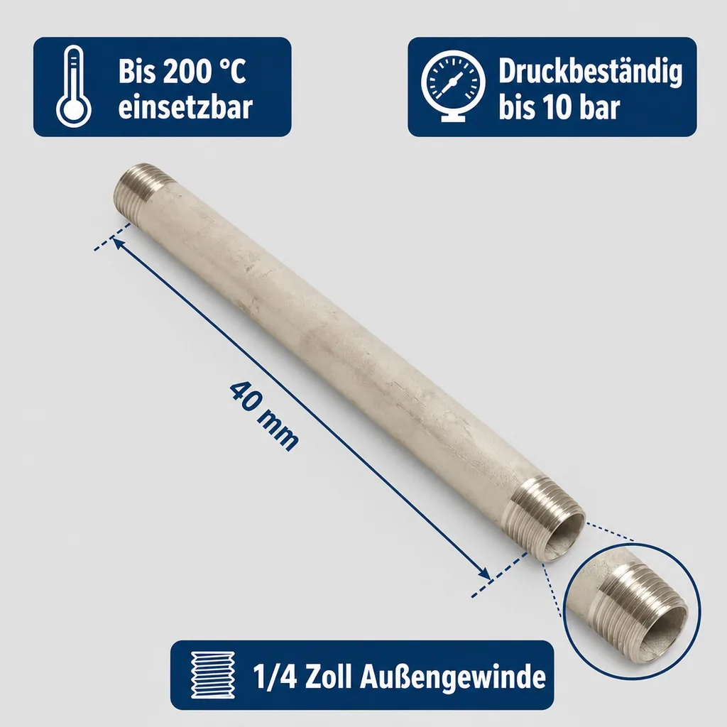 Edelstahlfitting, Rohrnippel Edelstahl, 1/4 Zoll AG, 40 mm, V4A Fitting