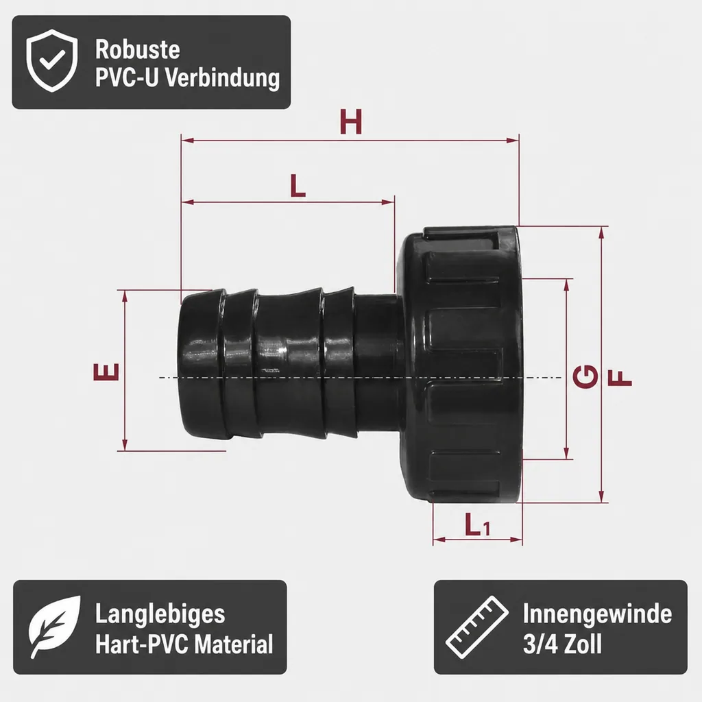 Schlauchtülle mit Überwurfmutter, PVC Schlauchtülle 3/4 Zoll, 20 mm